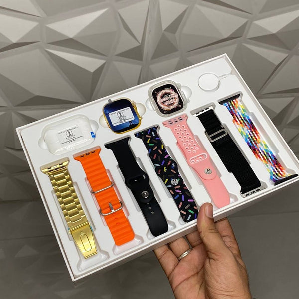 10 in 1 Set Ultra 2 Smart Bluetooth Calling Smart watch + Earphones with Transparent Screen Guard Watch with Seven Classic Straps (Mix Color) - luckystorebuy.in