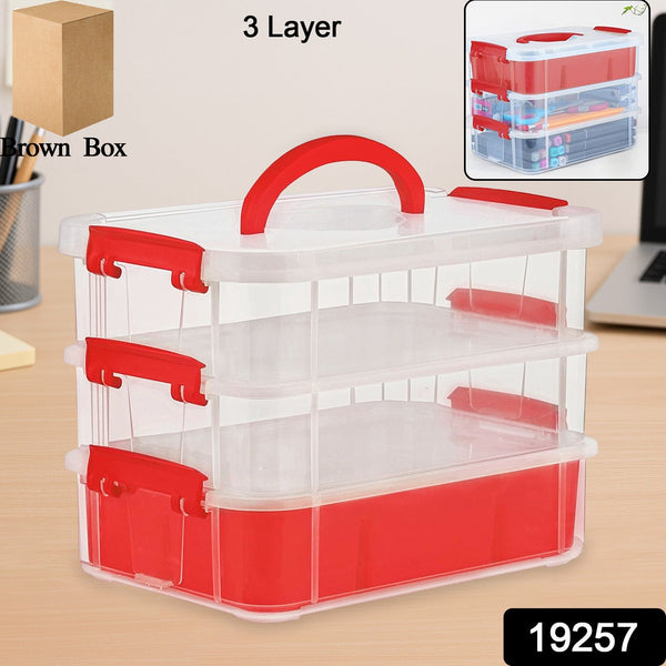 3 - Layer Multi - Purpose Transparent Plastic Storage Carry Box with Handle - luckystorebuy.in