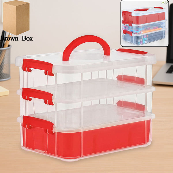 3 - Layer Multi - Purpose Transparent Plastic Storage Carry Box with Handle - luckystorebuy.in