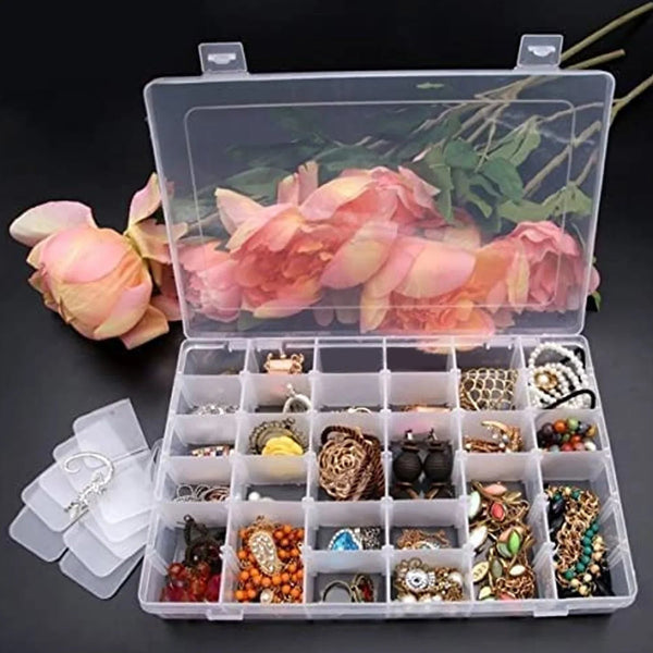 36 Grids Clear Plastic Organizer Jewelry Storage Box with Adjustable Dividers, Transparent Organizer Box (1pc) - luckystorebuy.in