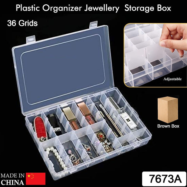 36 Grids Clear Plastic Organizer Jewelry Storage Box with Adjustable Dividers, Transparent Organizer Box (1pc) - luckystorebuy.in