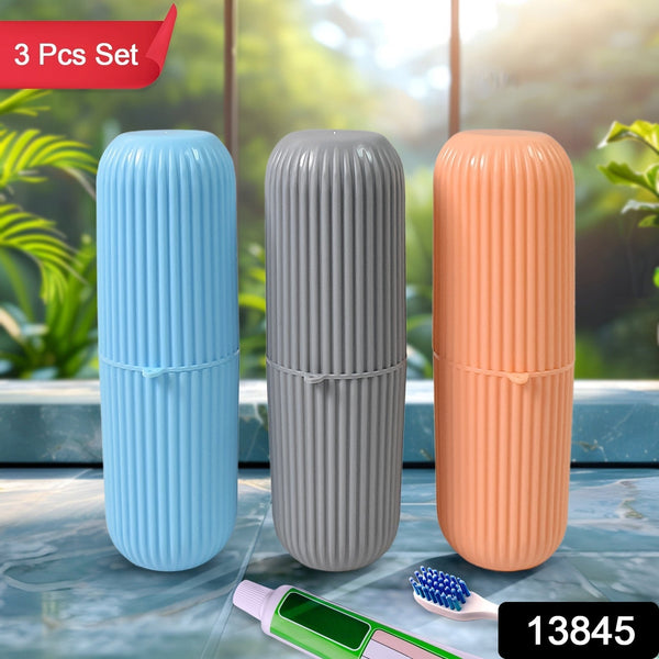 Capsule Shape Travel Toothbrush Toothpaste Case Holder (Multicolor / 3 Pcs Set) - luckystorebuy.in