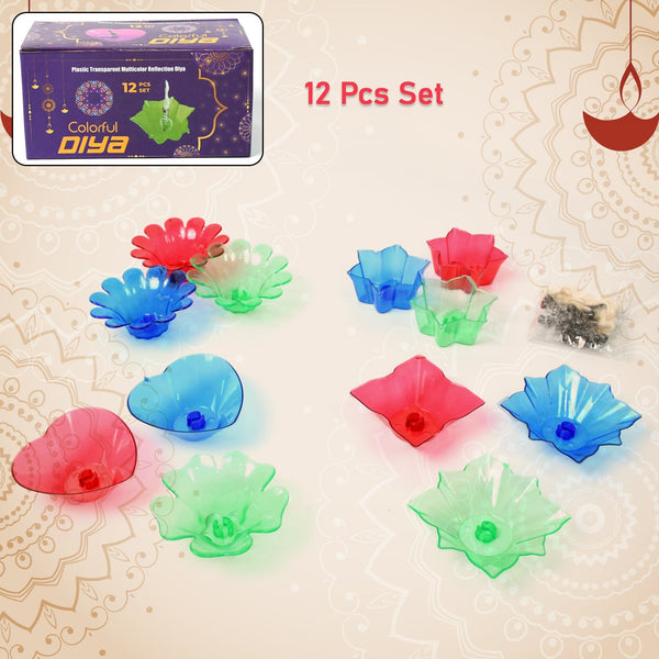 Colourful Reflection Diya Combo Plastic Candle Cup with Multi Shape (12 Pcs Set) - luckystorebuy.in