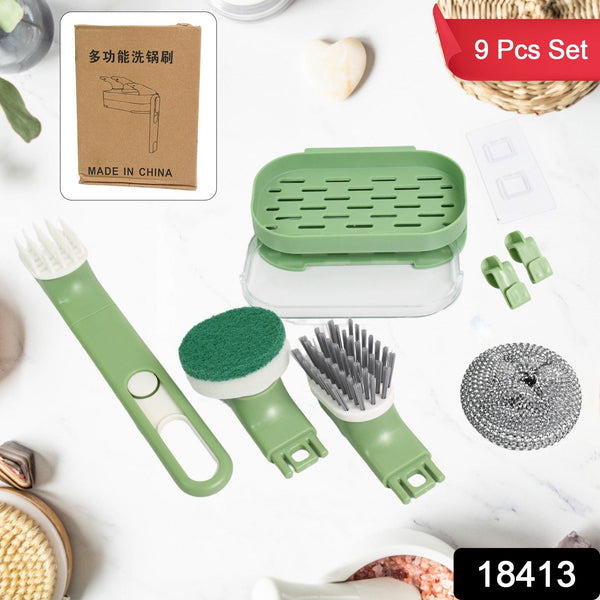 Dish Brush Set with Handle, Replacement Heads, Drain Tray in Kitchen (9 Pcs Set) - luckystorebuy.in