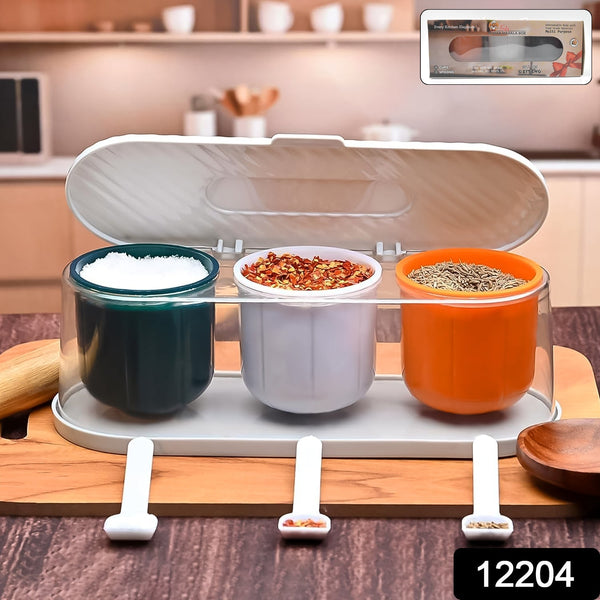 Home Kitchen 3 Grid Seasoning Spice / Masala Box Kit with Spoon (Multicolor / 1 Set) - luckystorebuy.in