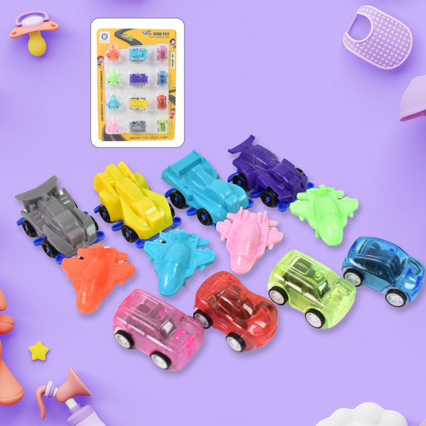 Mini Pull Back Car & Aeroplane Plastic Pull Back Car Cartoon Toys (12 Pcs Set) - luckystorebuy.in