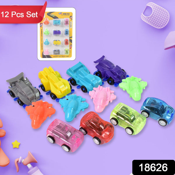 Mini Pull Back Car & Aeroplane Plastic Pull Back Car Cartoon Toys (12 Pcs Set) - luckystorebuy.in