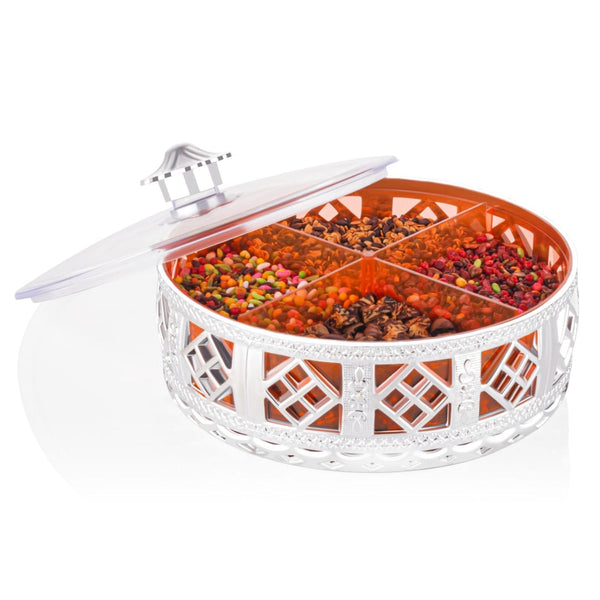 Multipurpose Dry Fruit Box 4 Section Dry Fruit Round Silver Gift Box (1 Pc) - luckystorebuy.in