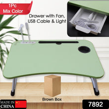 MultiPurpose Study Table Foldable Portable Notebook Bed Lap Desk Tray Stand Reading Holder with Coffee Cup Slot, Drawer, Fan, USB Cable & Light for Breakfast, Reading & Movie Watching (1 Pc Mix Color) - luckystorebuy.in