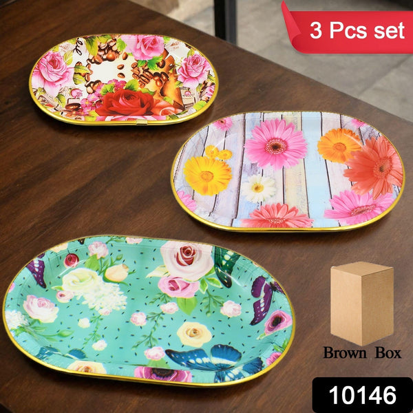 Plastic Flower Printed Design Serving Tray (3 Pcs Set / Mix Color) - luckystorebuy.in