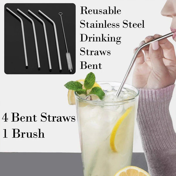 Reusable Stainless Steel Drinking Straws Bent (4 Bent Straws, 1 Brush) - luckystorebuy.in