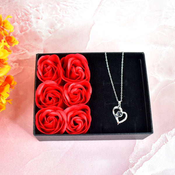 Rose Flower Gift Box, Handmade Eternal Rose with I Love You Necklace, Valentine's Day, - luckystorebuy.in