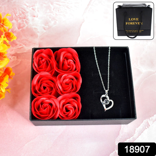 Rose Flower Gift Box, Handmade Eternal Rose with I Love You Necklace, Valentine's Day, - luckystorebuy.in