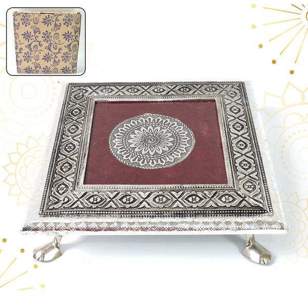 Silver - Square Pooja Chowki Patla / Bajot (20×20 CM / 1 Pc) - luckystorebuy.in