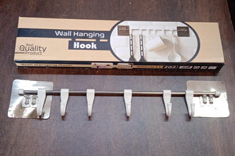 Stainless Steel Utensil Hanger Rail Nail Free Wall Mount with 2 Magic Stickers & 6 Plastic Hooks For Kitchen - luckystorebuy.in