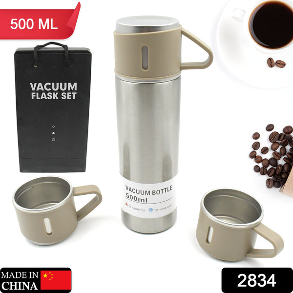 Stainless Steel Vacuum Flask Set with 3 Steel Cups Combo for Coffee Hot Drink and Cold Water Flask Ideal Gifting Travel Friendly Latest Flask Bottle. (500ml) - luckystorebuy.in