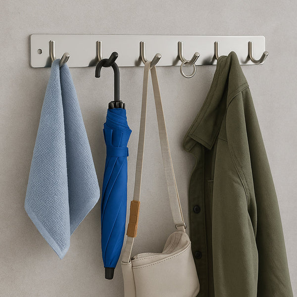 Stainless Steel Wall Mounted Coat 6 Hook Rack (32x3 / 1Pc) - luckystorebuy.in
