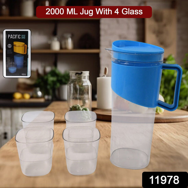 Transparent Stylish Premium Jug with Elegant Handle (2000 ML Jug Approx & 4 Pcs Plastic Glass) - luckystorebuy.in