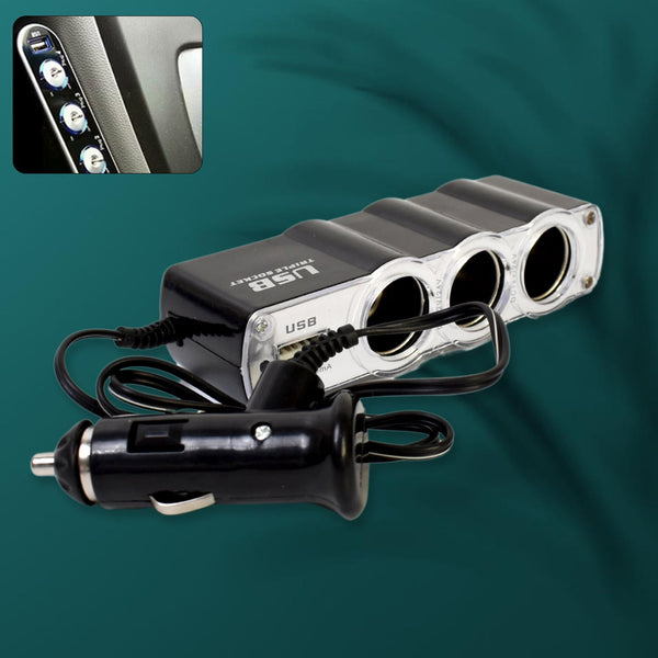 Triple 3 Way Car 12v Lighter Socket Splitter USB Charger Power Adapter - luckystorebuy.in