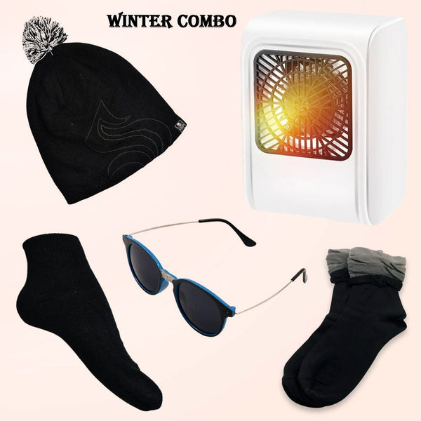 Winter Warm Set - Bennie hat, Room Heater, Sunglasses And Socks (5 Pcs Combo) - luckystorebuy.in