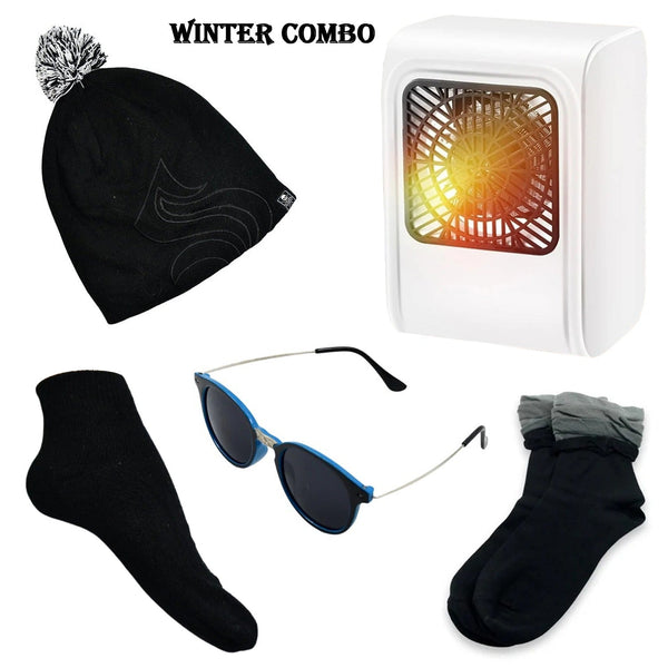 Winter Warm Set - Bennie hat, Room Heater, Sunglasses And Socks (5 Pcs Combo) - luckystorebuy.in