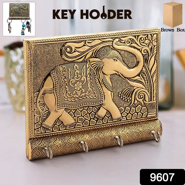 Wooden Key Holder for Home Decor Stylish Metal Gold Antique Elephant Design (1 Pc) - luckystorebuy.in
