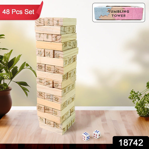 Wooden Tumbling Stacking Tower Game, Zenga tower (48 Pcs Blocks 2 Dices) - luckystorebuy.in